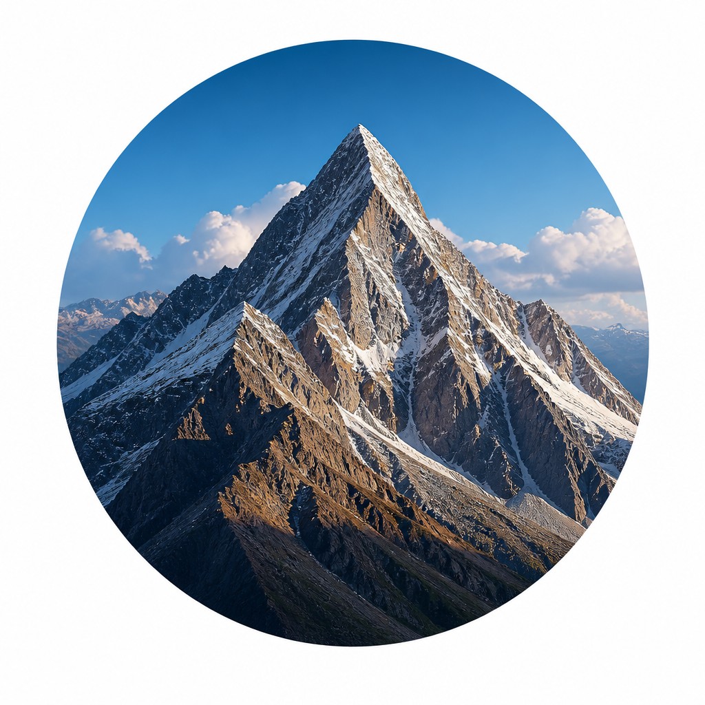 an emblem of a mountain peak inside a circle, simple bold shapes on a plain background, no text or lettering