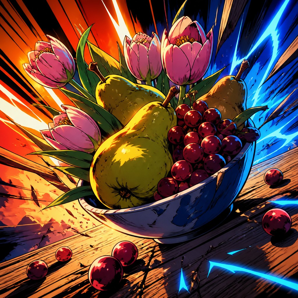 still life arrangement of pears, grapes and pink tulips in a ceramic bowl on a rustic wooden table, no people