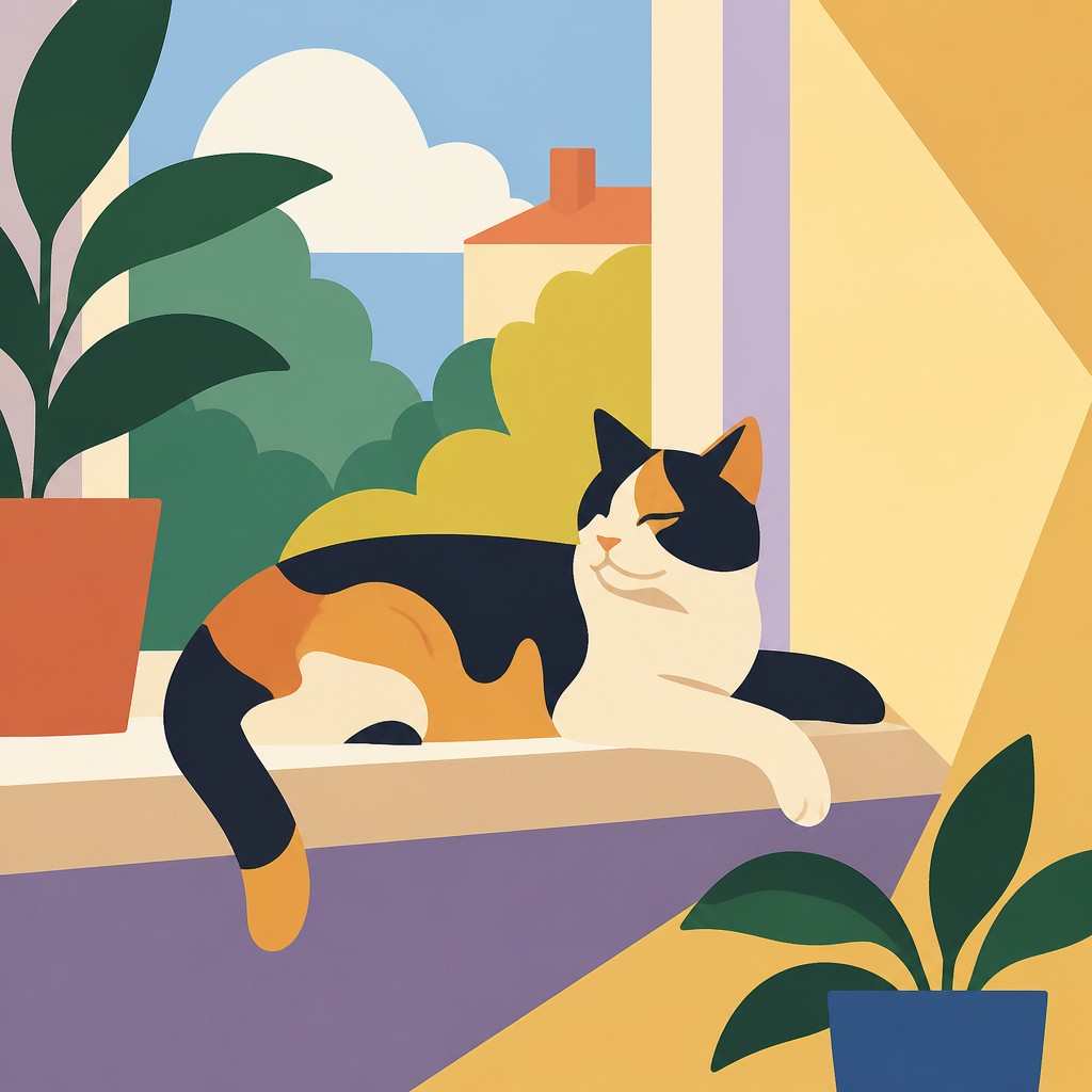 a cat lounging in a sunlit window — Flat Shape Art Style