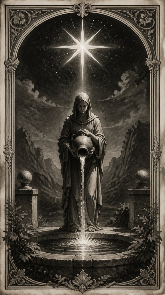 a robed figure pouring water beneath a large eight-pointed star in a night sky, symmetrical composition with an ornate decorative border, no text