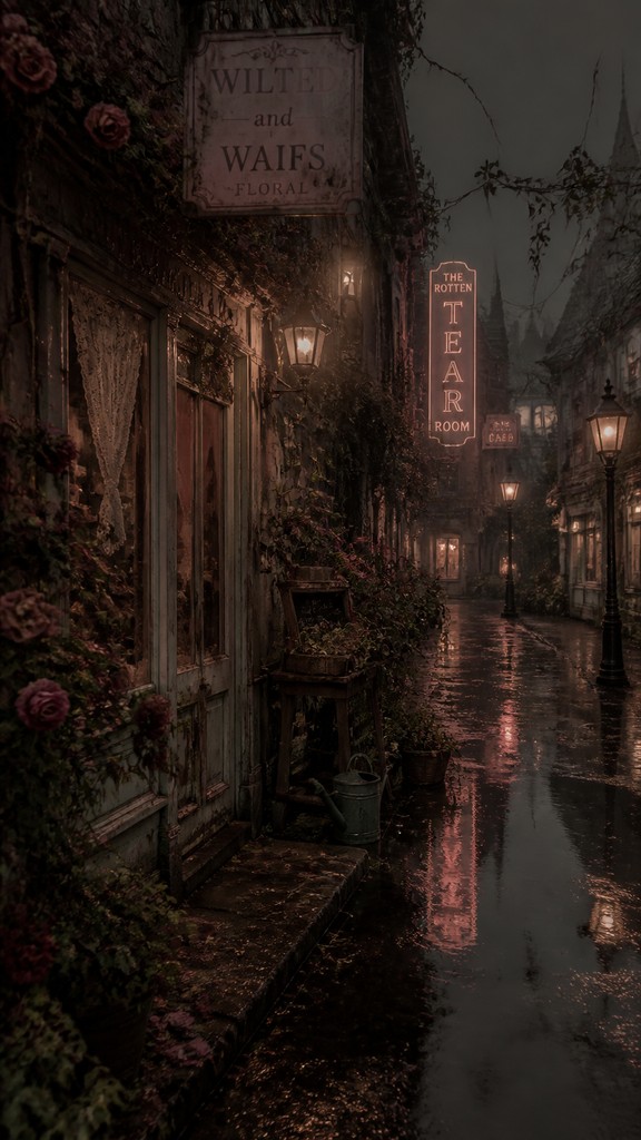 a quiet rainy city street at night reflecting neon signs, no people