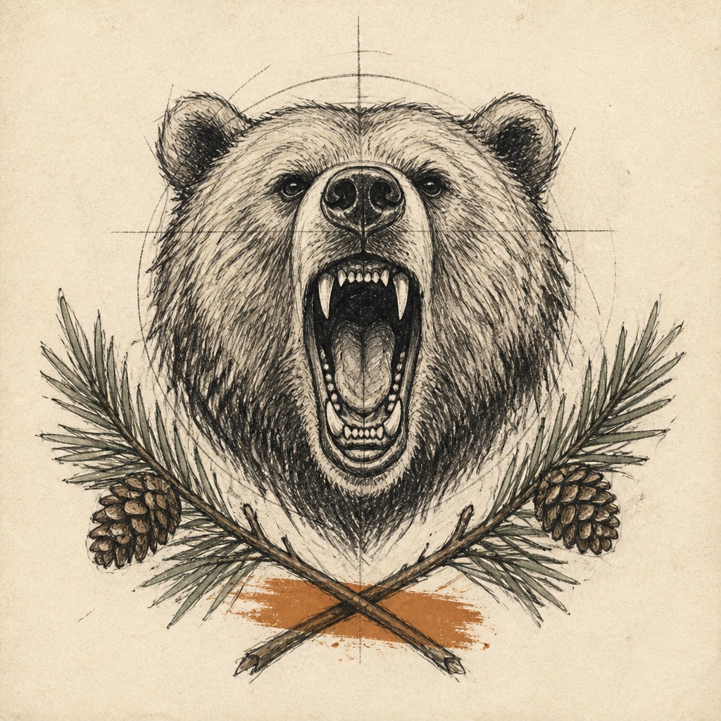 a roaring bear head above crossed pine branches, bold graphic composition on a plain background, no text