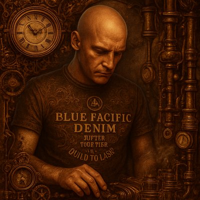 a painting of a bald man with a blue pacific denim shirt