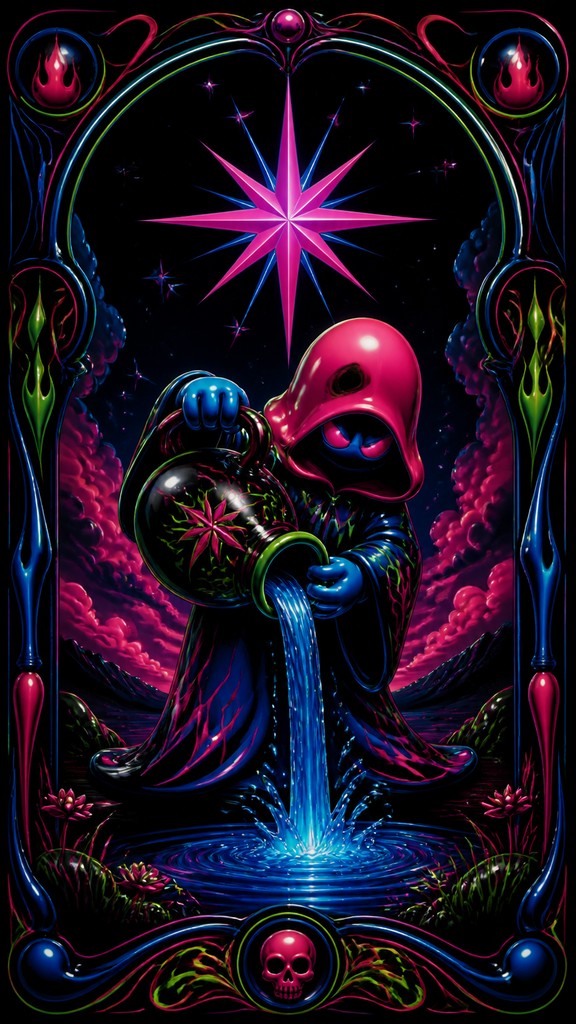 a robed figure pouring water beneath a large eight-pointed star in a night sky, symmetrical composition with an ornate decorative border, no text