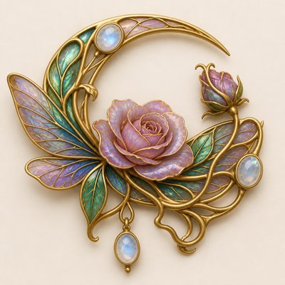a rose entwined with a crescent moon, clean balanced composition on a plain background, no text