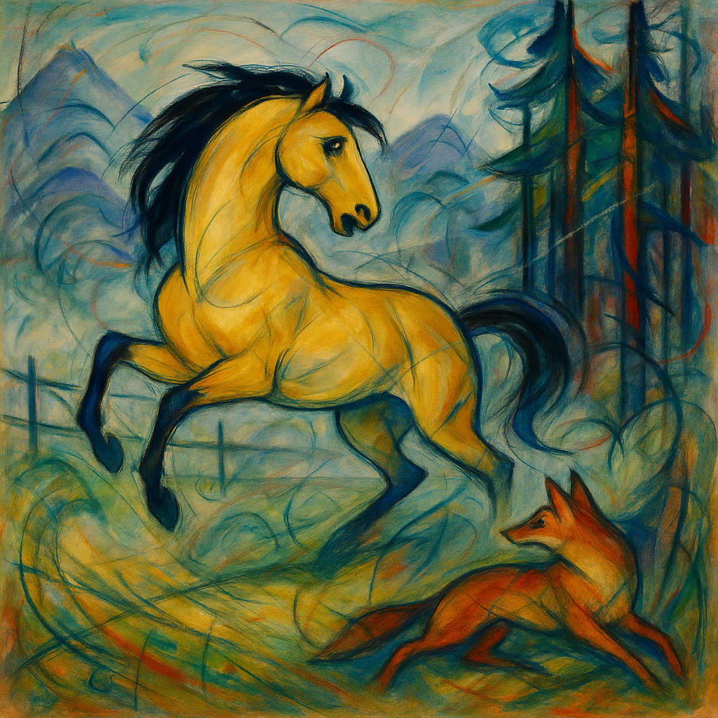 In the style of Franz Marc, create a horse startled from his rest. The horse is in a grassy field, fenced, with mountains in the background. The horse is a light tan with dark mane. The horse is sensitive to a coyote nearby, emerging from a stand of Ponderosa pines. The atmosphere is quiet and calm with some morning fog misting around.