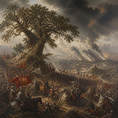 a tree in nature — Battle Scene Painting Style