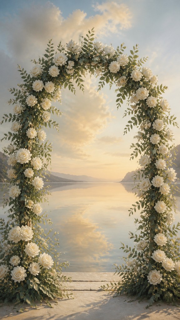 an arch of white roses and eucalyptus in soft morning light, elegant vertical composition with open space, no text