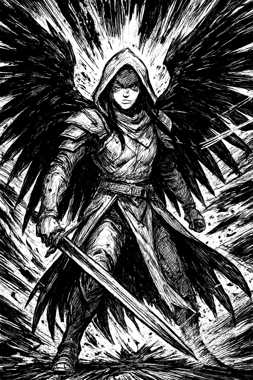 a black and white drawing of an angel holding a sword