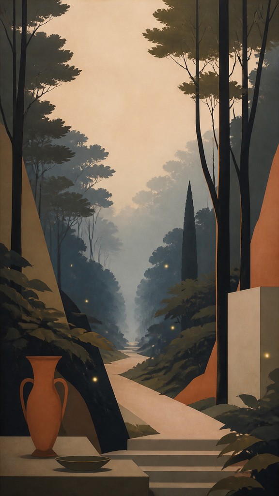 a mysterious forest path with fireflies and drifting mist, atmospheric vertical composition with open space at the top, no text