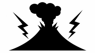 an erupting volcano with lightning strikes, dramatic wide composition, no text