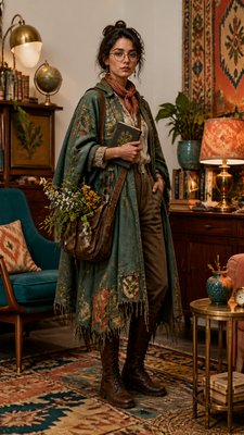 full-body original character: a wandering botanist with a satchel of plants, a patched green cloak, tall boots and round glasses, neutral background