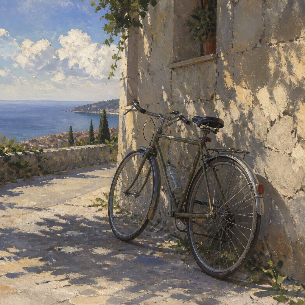 bicyle resting against a wall — Plein Air Realism Art Style