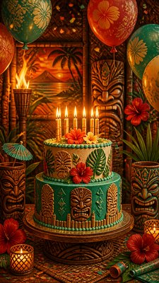 a birthday cake with lit candles surrounded by balloons and confetti, festive vertical composition, no text
