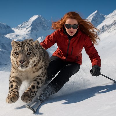 Photorealism Art Style, a majestic snow leopard running alongside a determined red-headed woman, both snow skiing down a pristine, powder-covered mountain slope. The woman is gracefully carving turns, her red hair flowing, while the snow leopard keeps pace effortlessly beside her. Bright, natural daylight, crisp mountain air, a backdrop of snow-capped peaks under a clear blue sky. Focus on dynamic action, realistic textures of fur and snow, and natural light.