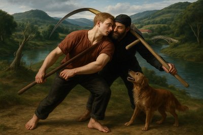 a painting of a man holding a stick and a dog