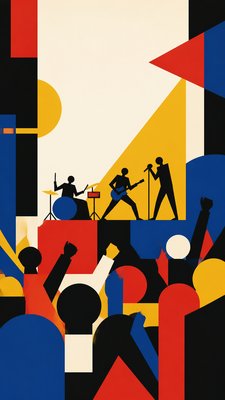 a live music scene with a glowing stage and silhouetted crowd, energetic vertical composition with open space at the top, no text