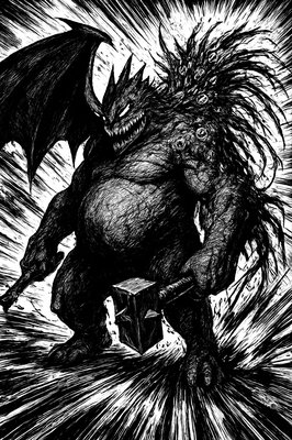 a black and white drawing of a demon