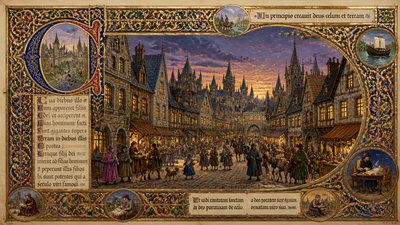 bustling city street panorama at dusk