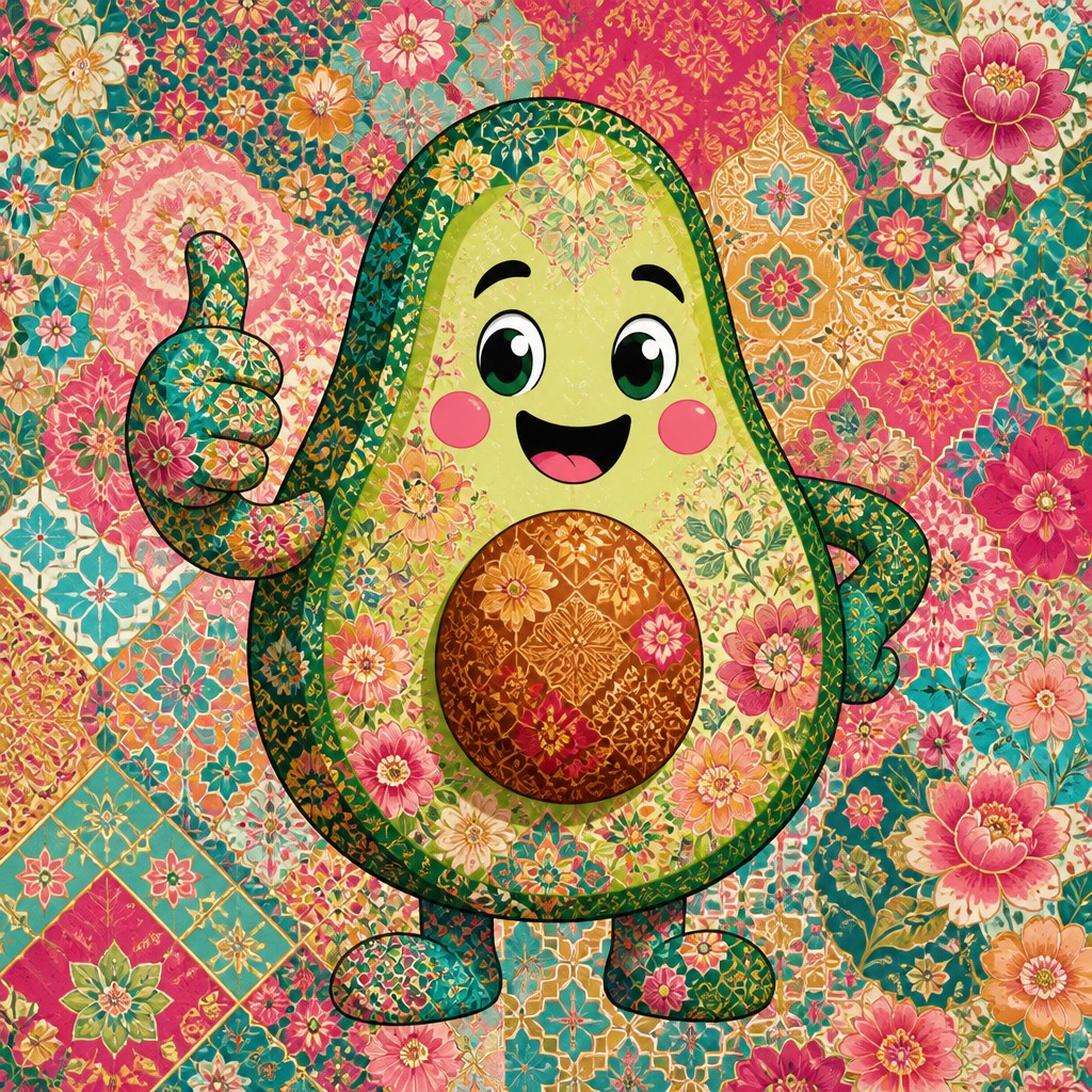 a happy avocado character giving a thumbs up, bold readable design on a plain background, no text