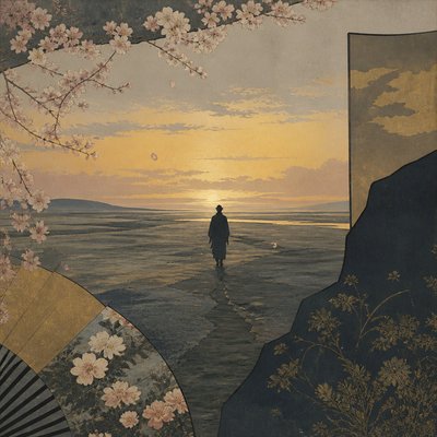 a solitary figure walking toward a glowing horizon across an empty plain, moody atmosphere, no text or lettering