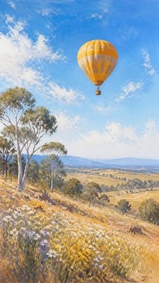a hot air balloon drifting over rolling flower fields on a sunny day, cheerful, no text