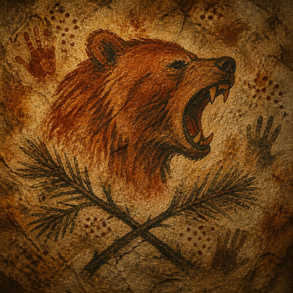 a roaring bear head above crossed pine branches, bold graphic composition on a plain background, no text