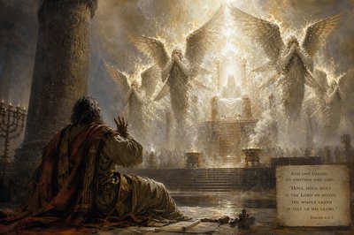 “In the year that King Uzziah died I saw the Lord sitting upon a throne, high and lifted up; and his train filled the temple. Above him stood the seraphim; each had six wings: with two he covered his face, and with two he covered his feet, and with two he flew.  And one called to another and said: 
 ‘Holy, holy, holy is the Lord of hosts; 
  the whole earth is full of his glory.‘

Isaiah 6:1-3