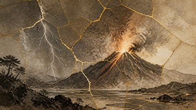 an erupting volcano with lightning strikes, dramatic wide composition, no text