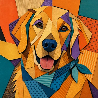 portrait of a golden retriever wearing a blue bandana, warm plain backdrop, no text