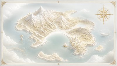 a map of an island realm with mountains, forests, a sheltered bay, sea monsters in the water and a compass rose, no text labels