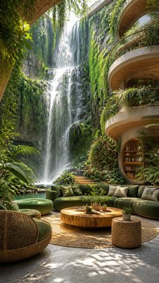 towering waterfall cascading down a cliff