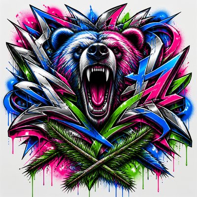 a roaring bear head above crossed pine branches, bold graphic composition on a plain background, no text