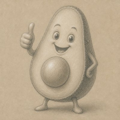 a happy avocado character giving a thumbs up, bold readable design on a plain background, no text