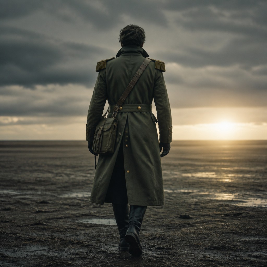 a solitary figure walking toward a glowing horizon across an empty plain, moody atmosphere, no text or lettering
