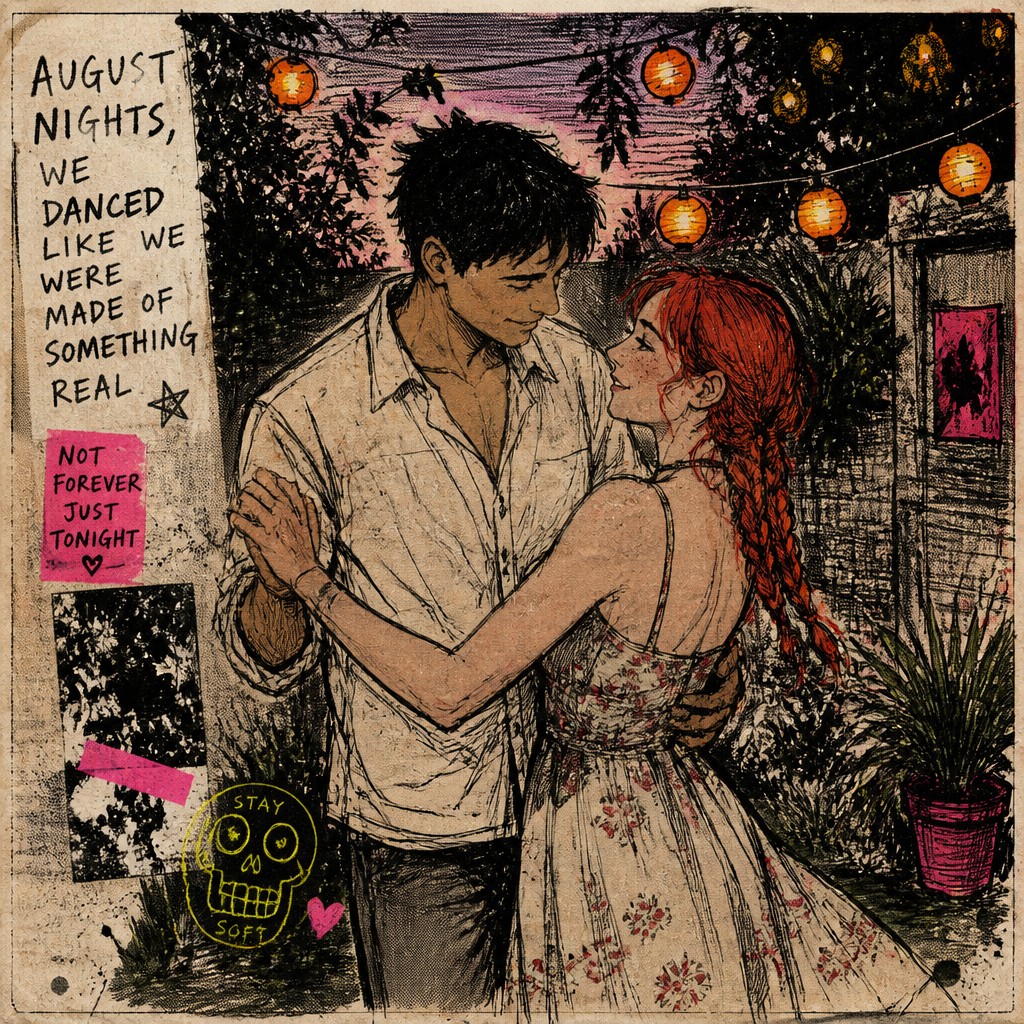 an original couple dancing under string lights in a garden at dusk: a man with short black hair in a linen shirt and a woman with braided red hair in a summer dress