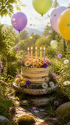 a birthday cake with lit candles surrounded by balloons and confetti, festive vertical composition, no text