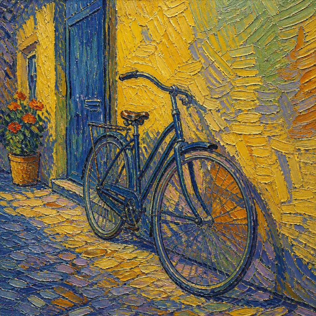 bicyle resting against a wall — Post-Impressionism Art Style
