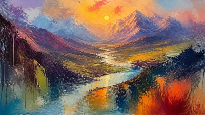 a vast valley with a river winding toward distant mountains at sunrise, no people, no text