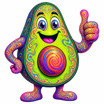 a happy avocado character giving a thumbs up, bold readable design on a plain background, no text