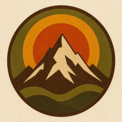 an emblem of a mountain peak inside a circle, simple bold shapes on a plain background, no text or lettering