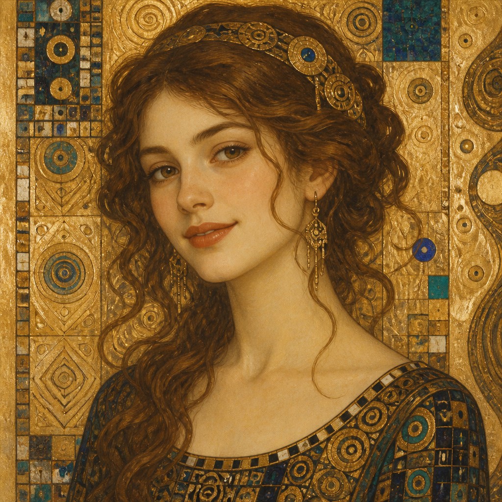 head-and-shoulders portrait of an original character: a young woman with wavy chestnut hair and a warm smile, plain soft backdrop