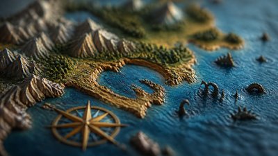 a map of an island realm with mountains, forests, a sheltered bay, sea monsters in the water and a compass rose, no text labels