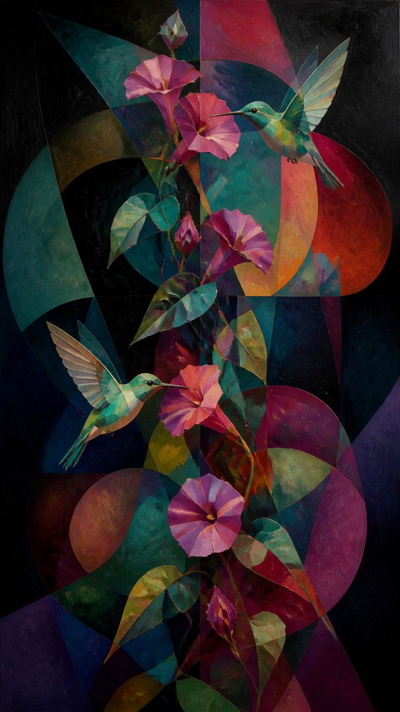 a climbing vine of flowers and hummingbirds on a dark background, tall wrapping composition, no text