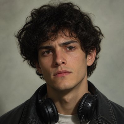 head-and-shoulders portrait of an original character: a young man with curly dark hair and headphones around his neck, plain backdrop, no text