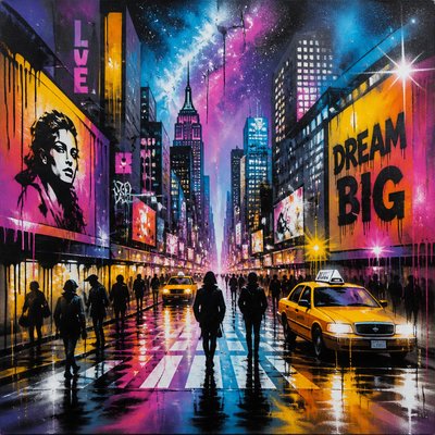 urban street with city activity — Spray Paint Art Style