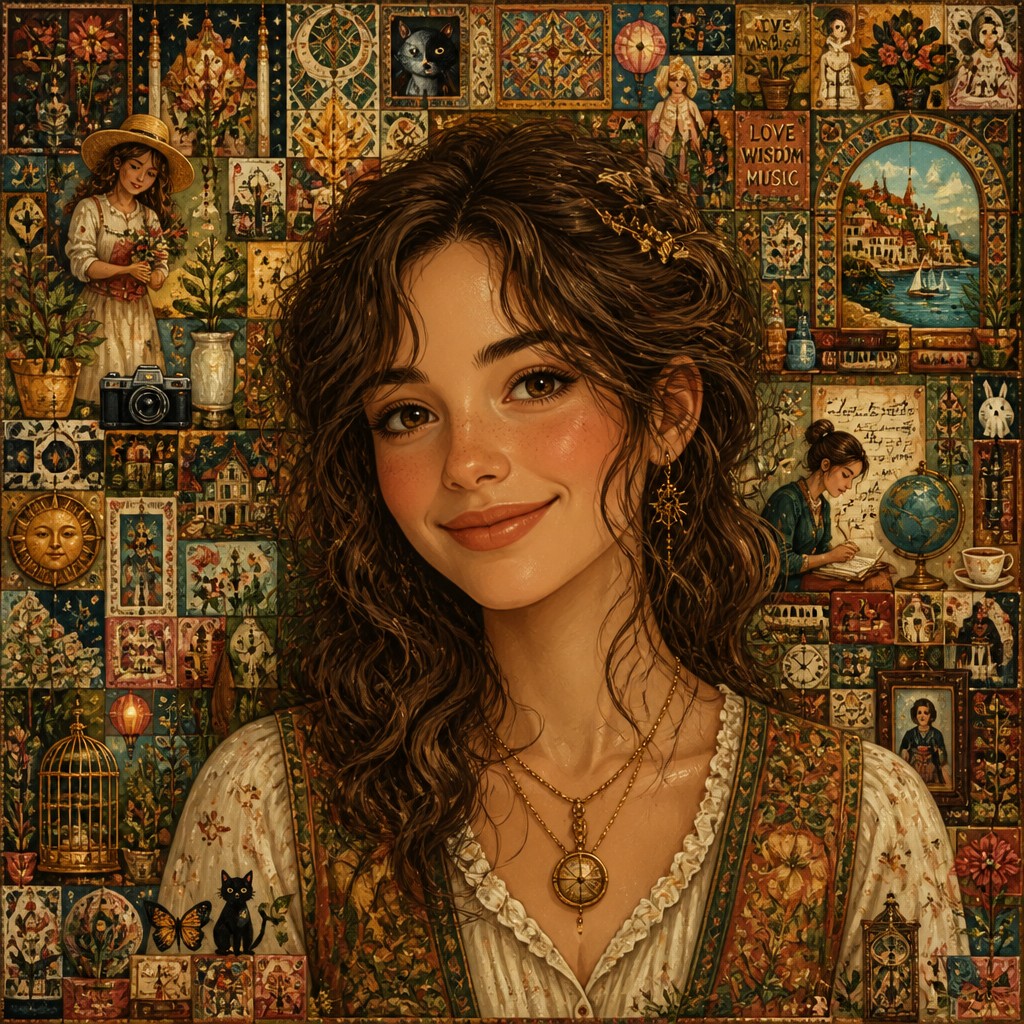 head-and-shoulders portrait of an original character: a young woman with wavy chestnut hair and a warm smile, plain soft backdrop