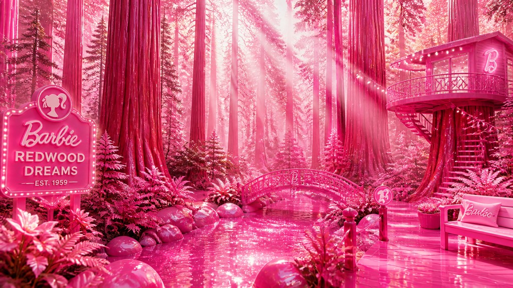 a panoramic redwood forest with light rays through mist, no people