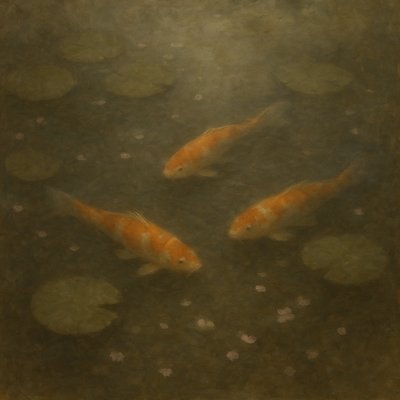 A koi pond seen from above, orange and white koi fish swimming among lily pads, clear water with subtle ripples, fallen cherry blossom petals floating on the surface, dappled sunlight