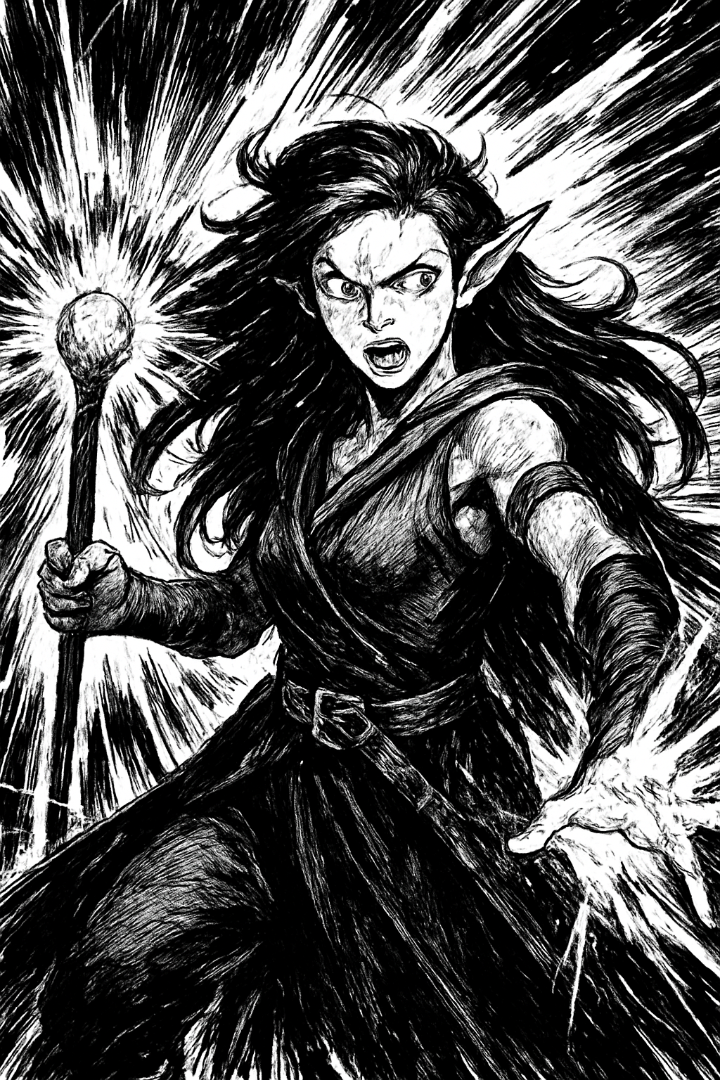 a black and white drawing of a woman holding a wand